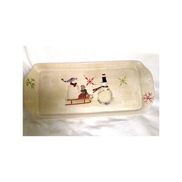 Vintage ONEIDA SNOWMATES Stoneware Serving Platter Handpainted Christmas 16x7 - Picture 1 of 4